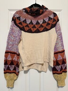Cozy Multicolor Patterned Turtleneck Sweater - Cream, Lavender & Rust